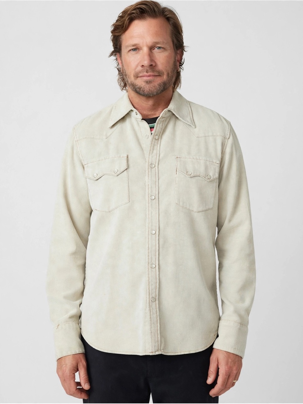 Men's Casual Western-Style Courdroy Button-Up Shirt in Light Cream